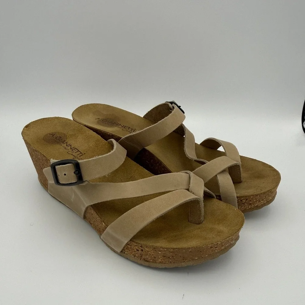 A Giannetti Modern Italy Comfort Tan Leather Cork Wedge Sandals Womens 7 7.5